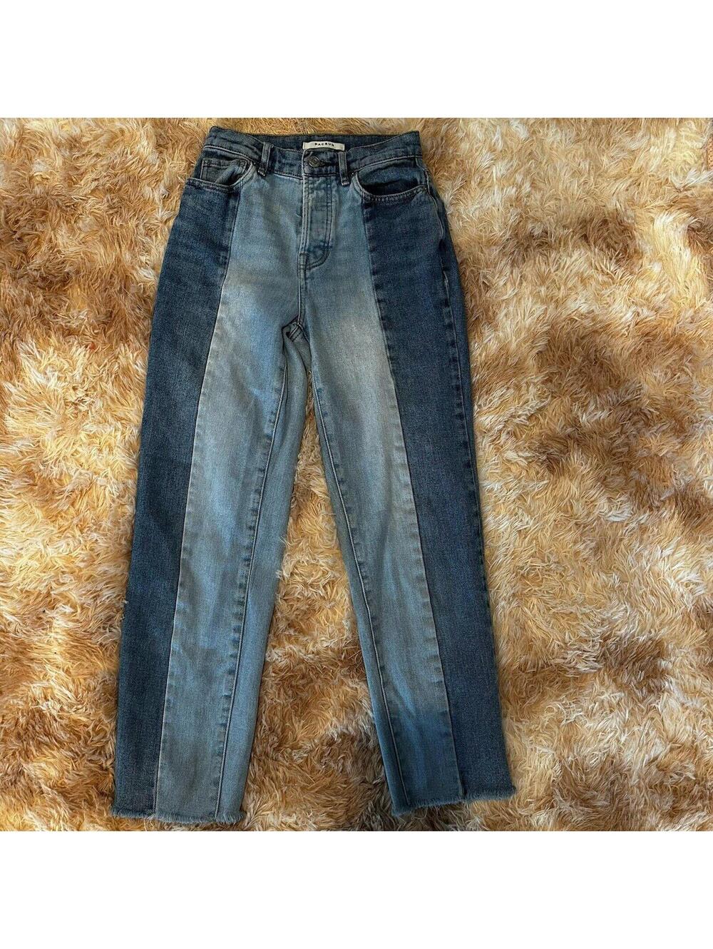 Pacsun Womens Mom Jeans Two Tone Cut & Sew Frayed High Rise Tapered Size 23